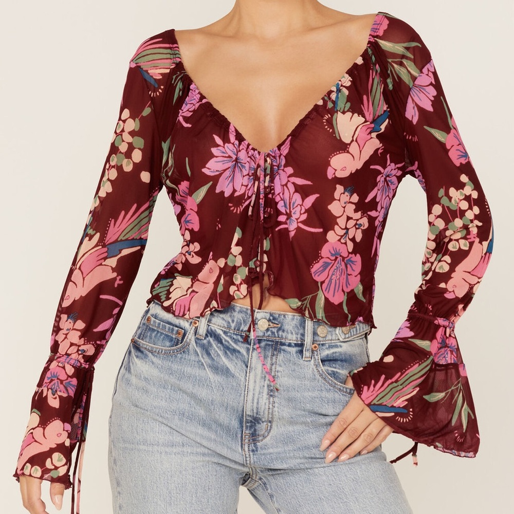 Free People Top Floral Print Of Paradise Tie Front Crop Boho Blouse Burgundy